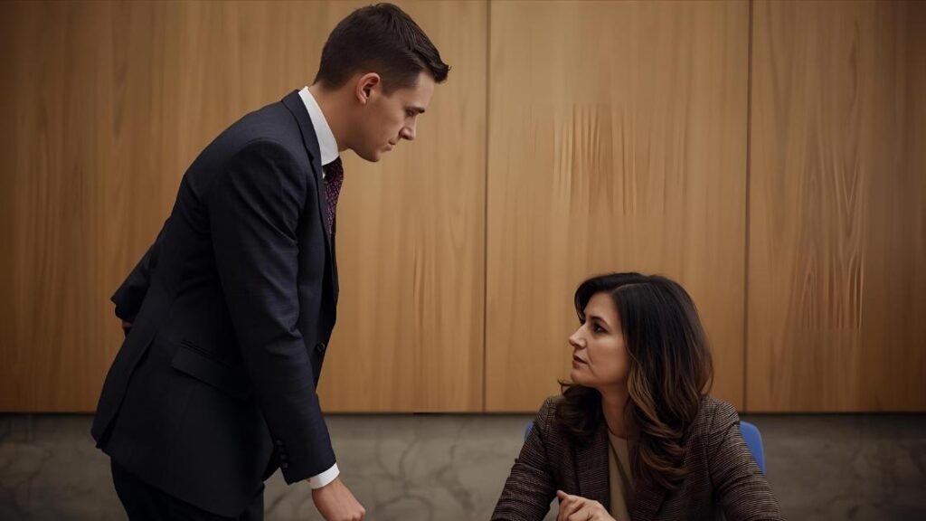 Egy férfi önbizalomtréner magyaráz egy nőnek, miközben fölé magasodik – a kép szimbolizálja, hogy a női önbizalomról sokszor férfiszemszögből beszélünk Magyarországon.