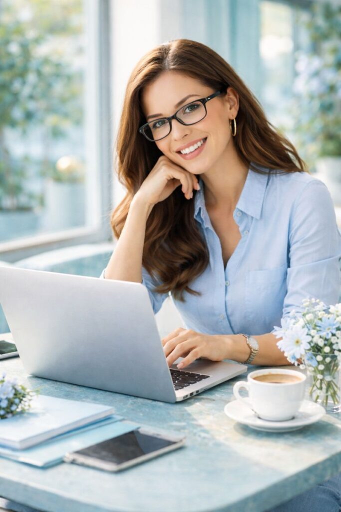 Egy szemüveges nő laptopozik és az online barátnőkkel beszélget tele önbizalommal