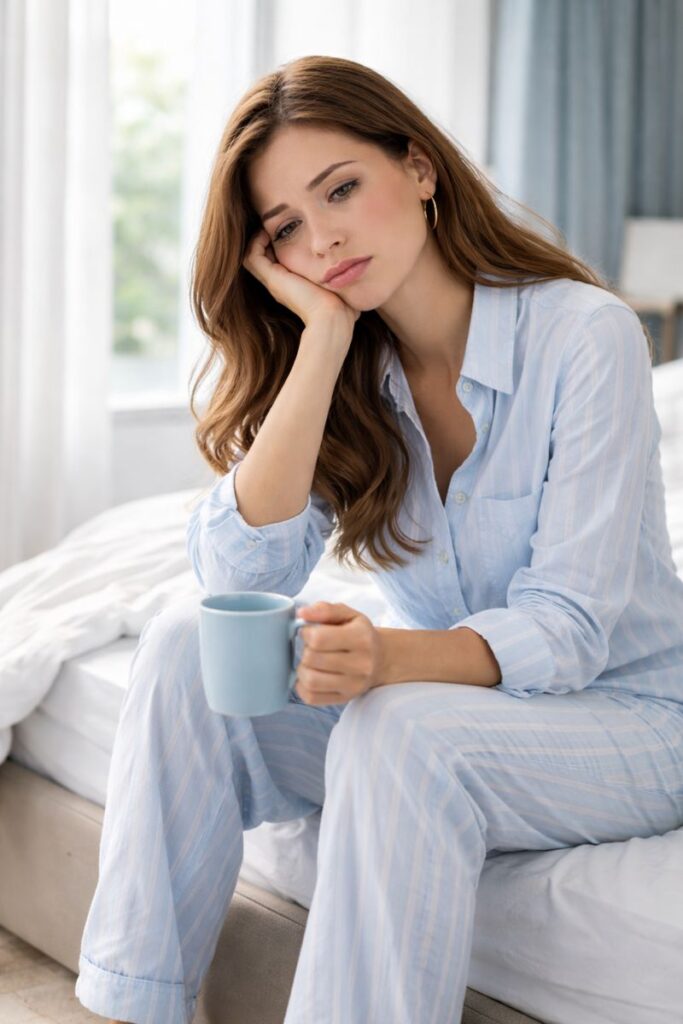 Egy fáradt, szomorú nő ül az ágyán reggel a kávét issza