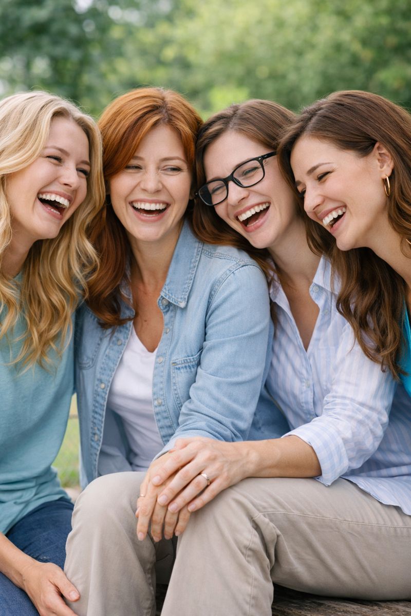 egy női baráti társaság, akik együtt nevetnek és segítik egymást, és tele vannak önbizalommal