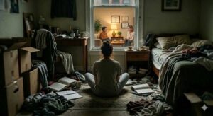 Egy nő ül a rendetlen, szürke szobájában, és egy színes, rendezett, hívogató irodára néz ki az ablakon keresztül.