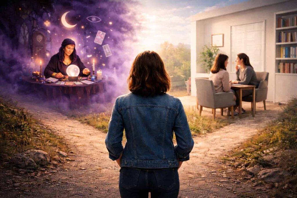 A nő áll egy keresztútnál, és el akarja dönteni, kihez forduljon lelki segítségért